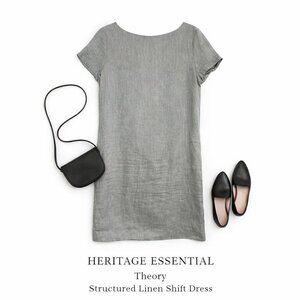 Theory Structured T Twill Linen Short Sleeve Midi Shift Dress Gray Size L Lined
